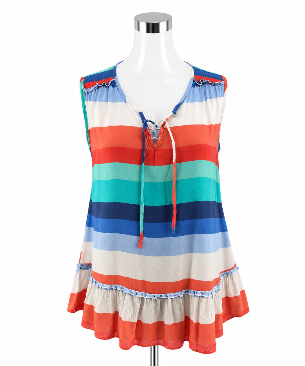 Grand & Greene Striped Ruffle Hem Tunic Top | Anthropologie Brand | Size Large